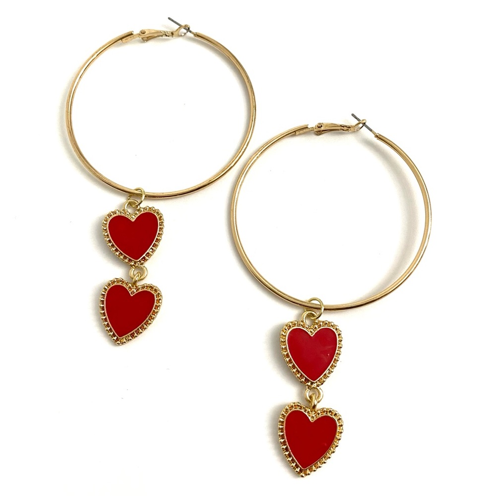 Gold Hoops Red Heart Valentine Earrings